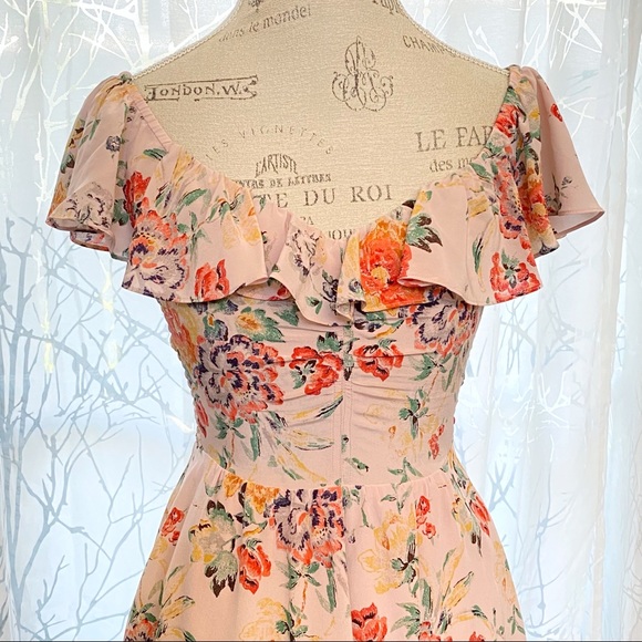 Rebecca Taylor Marlena pink green yellow floral print silk ruffle neckline dress - Picture 7 of 13